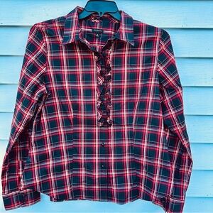 Talbots Sz 16 plaid button up shirt with ruffle accent